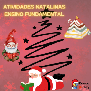 Uma imagem vibrante e festiva representando uma coleção de atividades educacionais natalinas para a sala de aula. No centro, uma árvore de Natal decorada. Ao redor, elementos como uma folha de cálculo matemática, uma cruzadinha, um caça-palavras e um cartão de Natal. A cena inclui elementos festivos como luzes, flocos de neve, e presentes, criando um ambiente alegre e educativo para o ensino durante o Natal. A composição visa transmitir um equilíbrio entre aprendizado e celebração, convidando os alunos a se engajar de forma divertida e educativa.